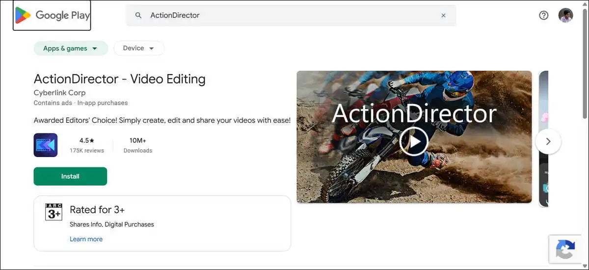 Screenshot of ActionDirector's app listing on Google Play