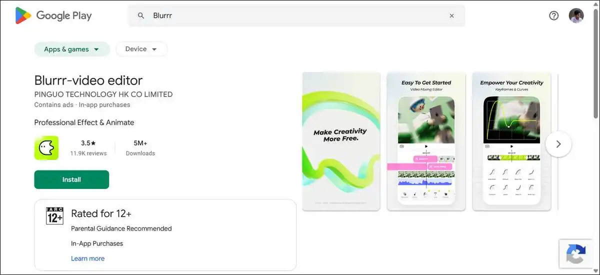Screenshot of Blurrr's app listing on Google Play