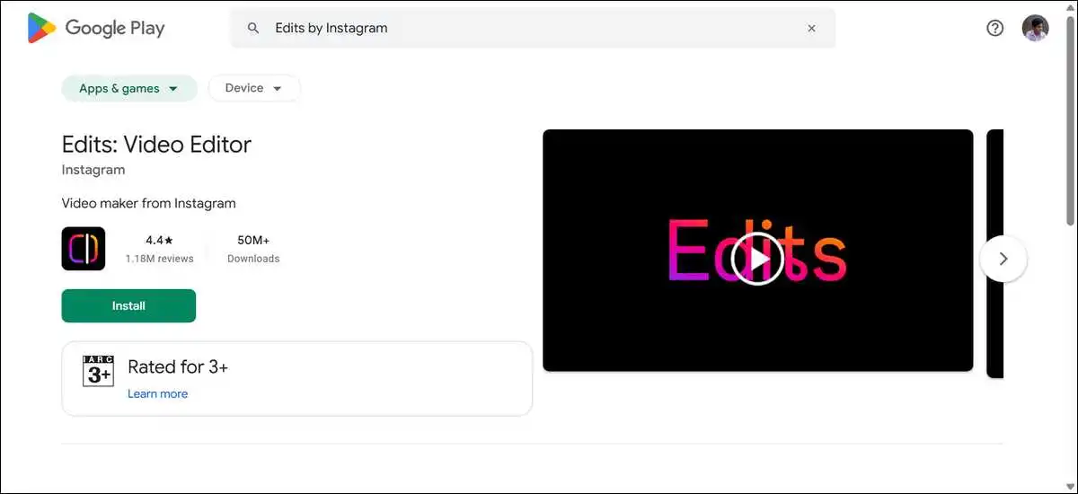 Screenshot of Edits by Instagram App listing on Google Play Store