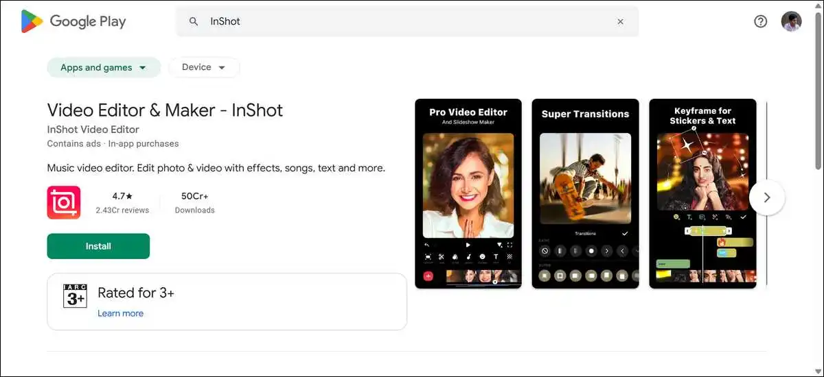 Screenshot of InShort App listing on Google Play Store