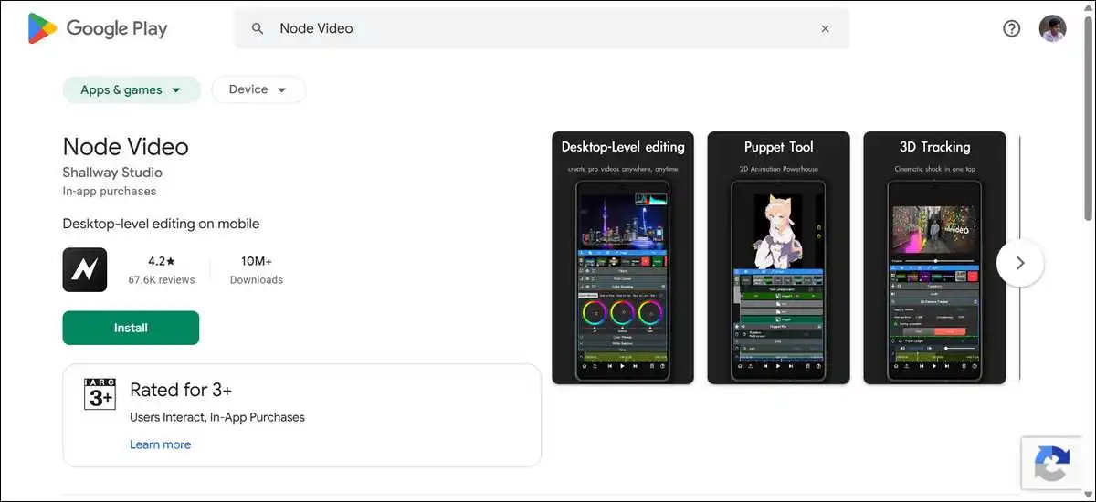 Screenshot of Node Video app listing on Google Play