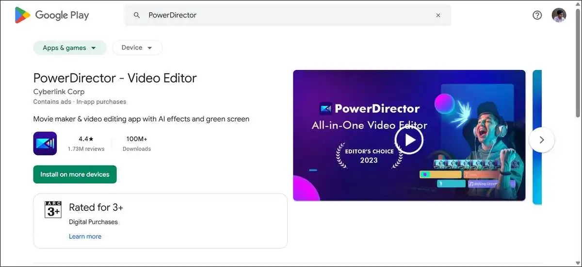 Screenshot of PowerDirector App listing on Google Play Store