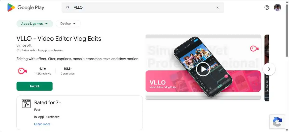 Screenshot of VLLO App listing on Google Play Store