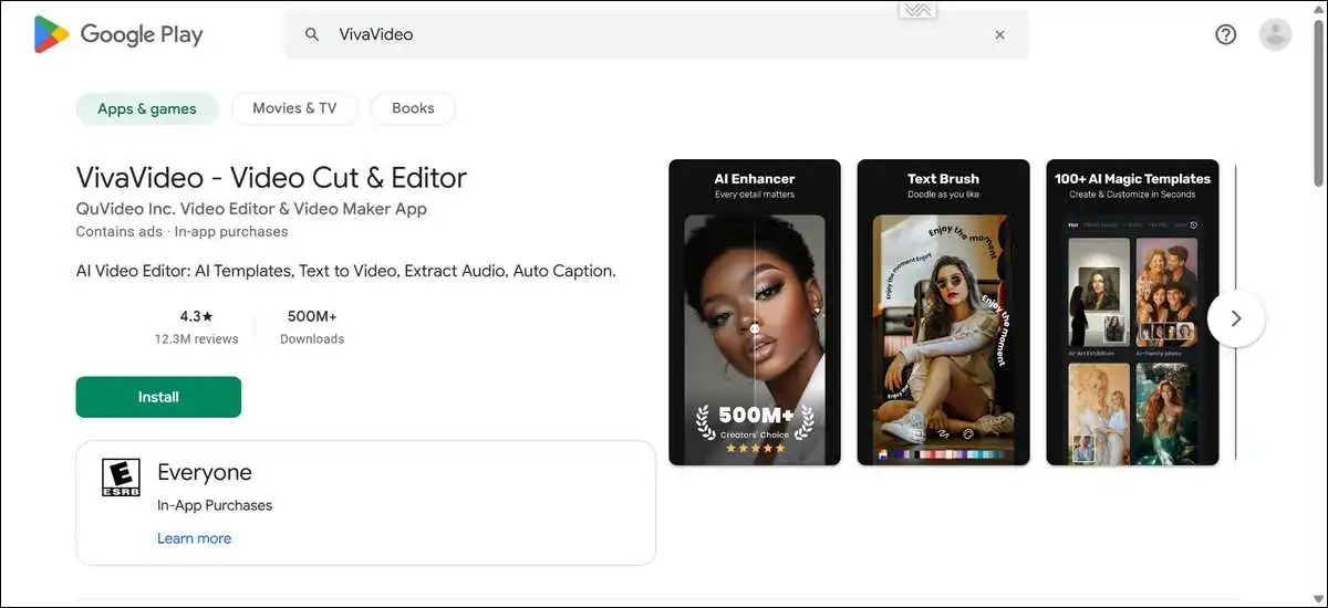 Screenshot of VivaVideo app listing on Google Play