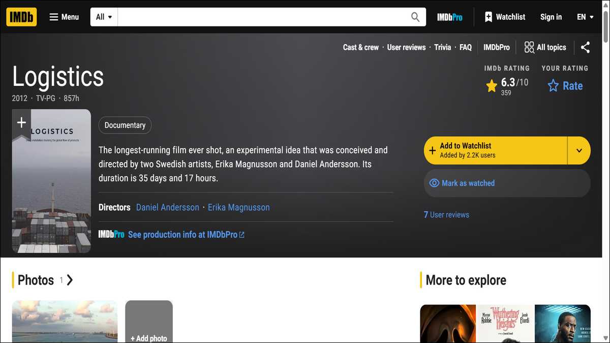 Logistics (2012) film runs for 51,420 minutes (857 hours or 35 days) is