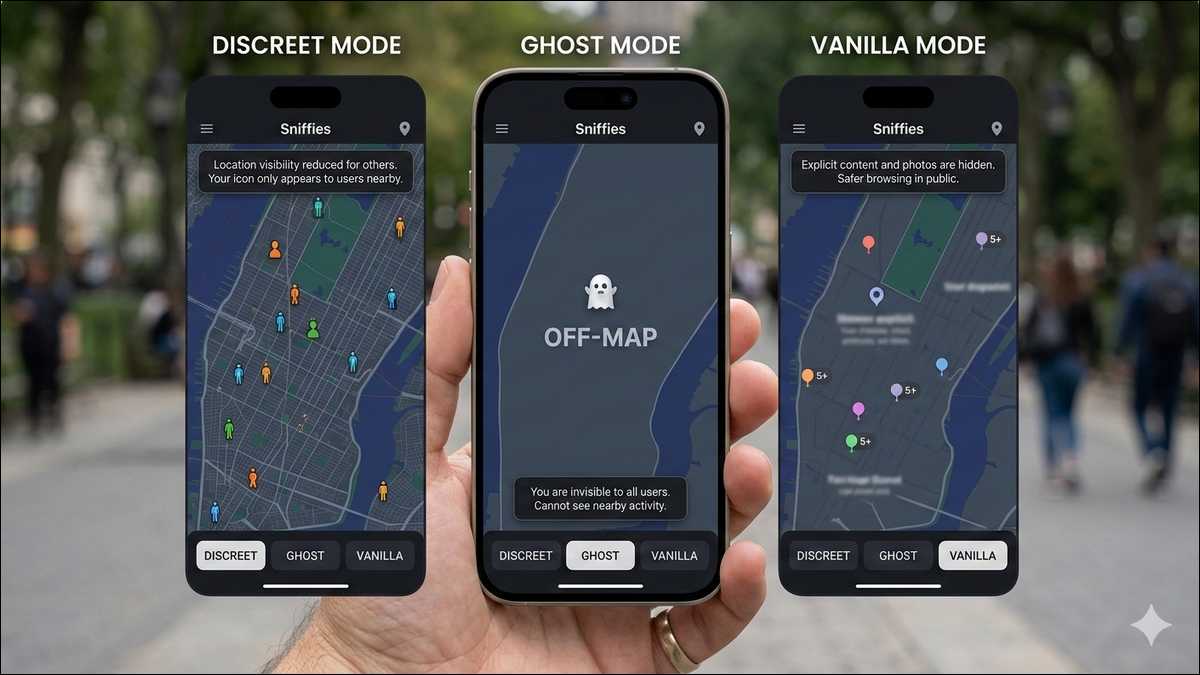 Sniffies Map's privacy modes explained: Discreet Mode, Ghost Mode, Vanilla Mode