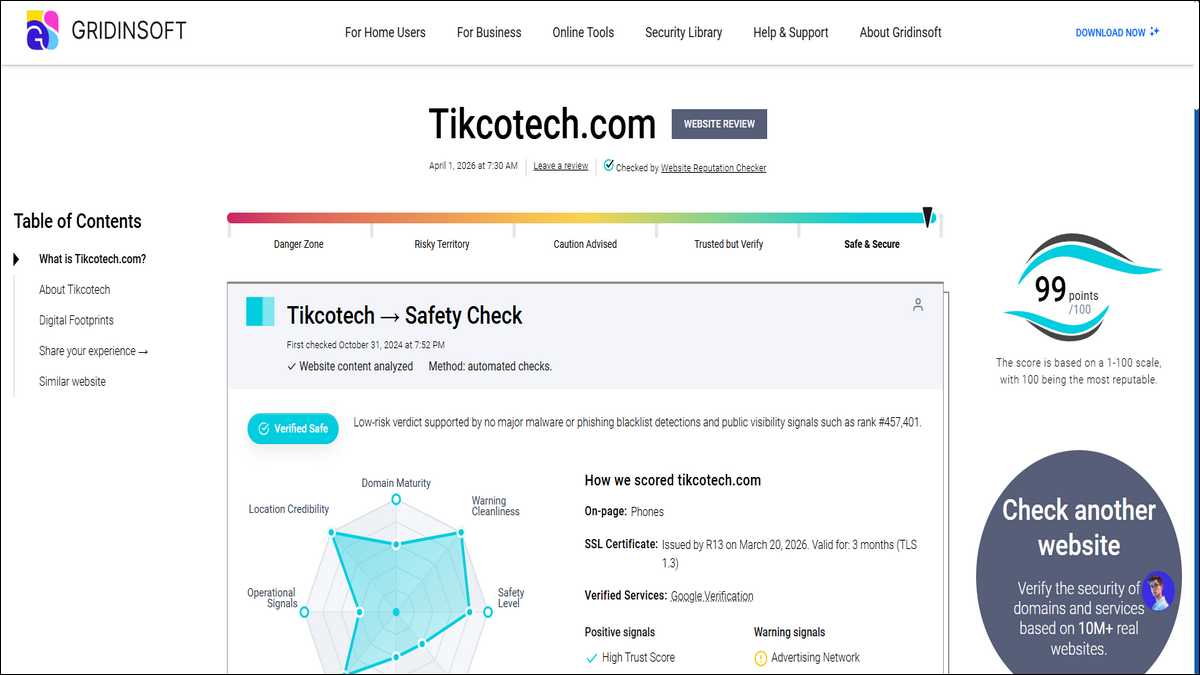 Gridinsoft's security scanner gave it a trust score of 95 out of 100