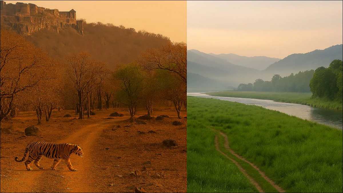 Side-by-side wildlife photography comparison of Corbett National Park and Ranthambore National Park in November