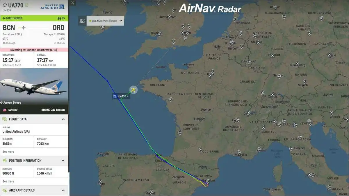 United flight UA770 to Chicago is declaring an emergency and diverting to London, Source AirLive.
