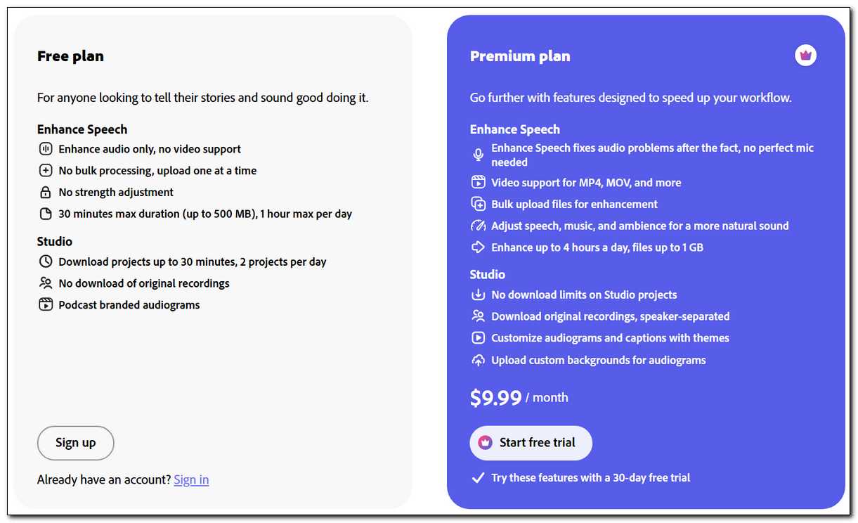 Adobe Podcast Premium plan