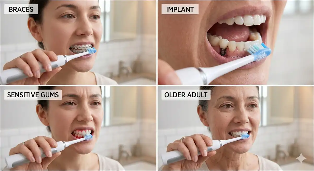 Electric toothbrushing technique adapted for braces, implants, sensitive teeth, and seniors.