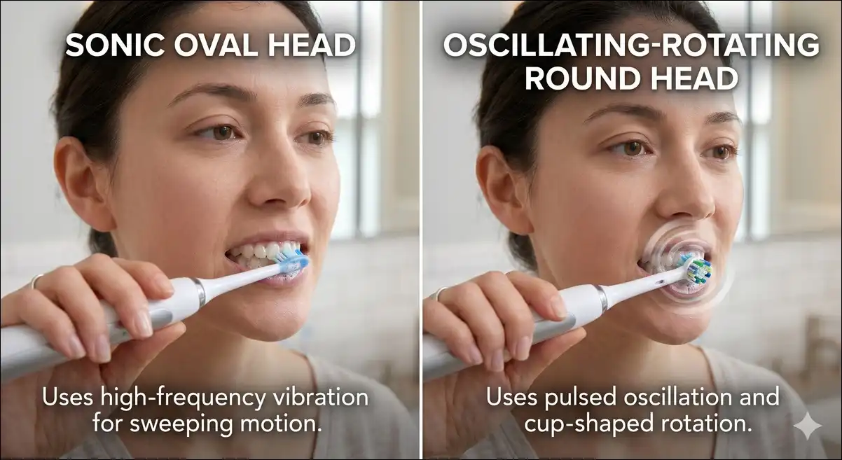 Oscillating-rotating round brush head versus sonic oval brush head comparison.