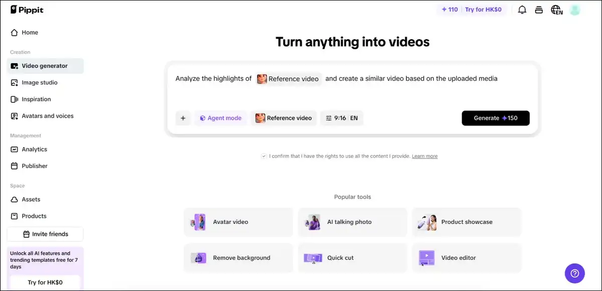 ippit AI video generator prompt interface and sample output example 