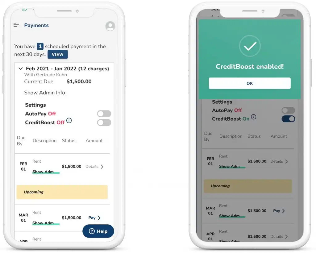 RentRedi tenant app interface with Credit Boosting signup options and logos for TransUnion, Equifax, and Experian