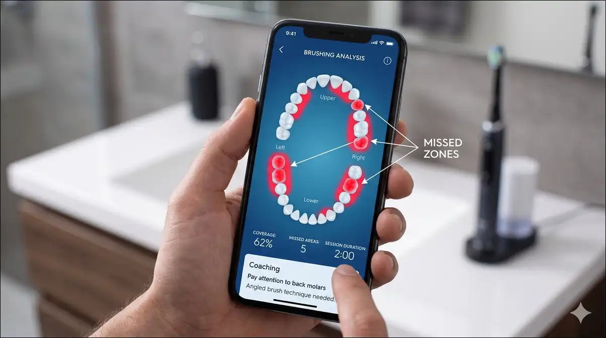 Smart toothbrush app displaying missed brushing zones for technique improvement.