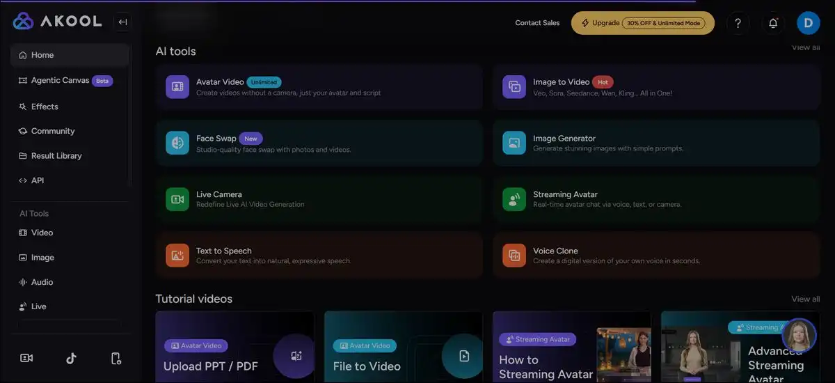 Akool AI dashboard with avatar templates and video translation settings visible