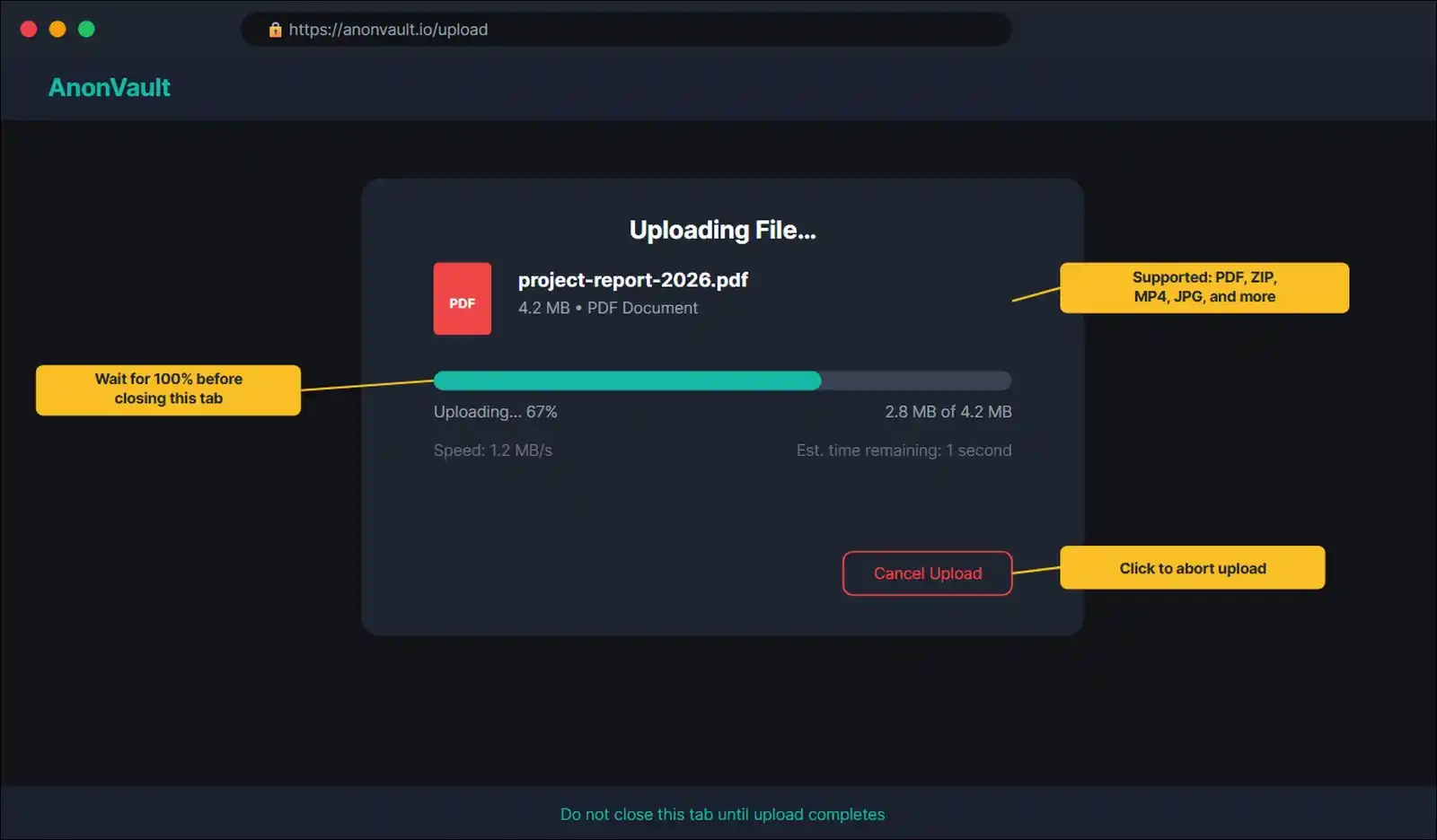 AnonVault homepage with annotated upload interface and URL bar for safe access verification