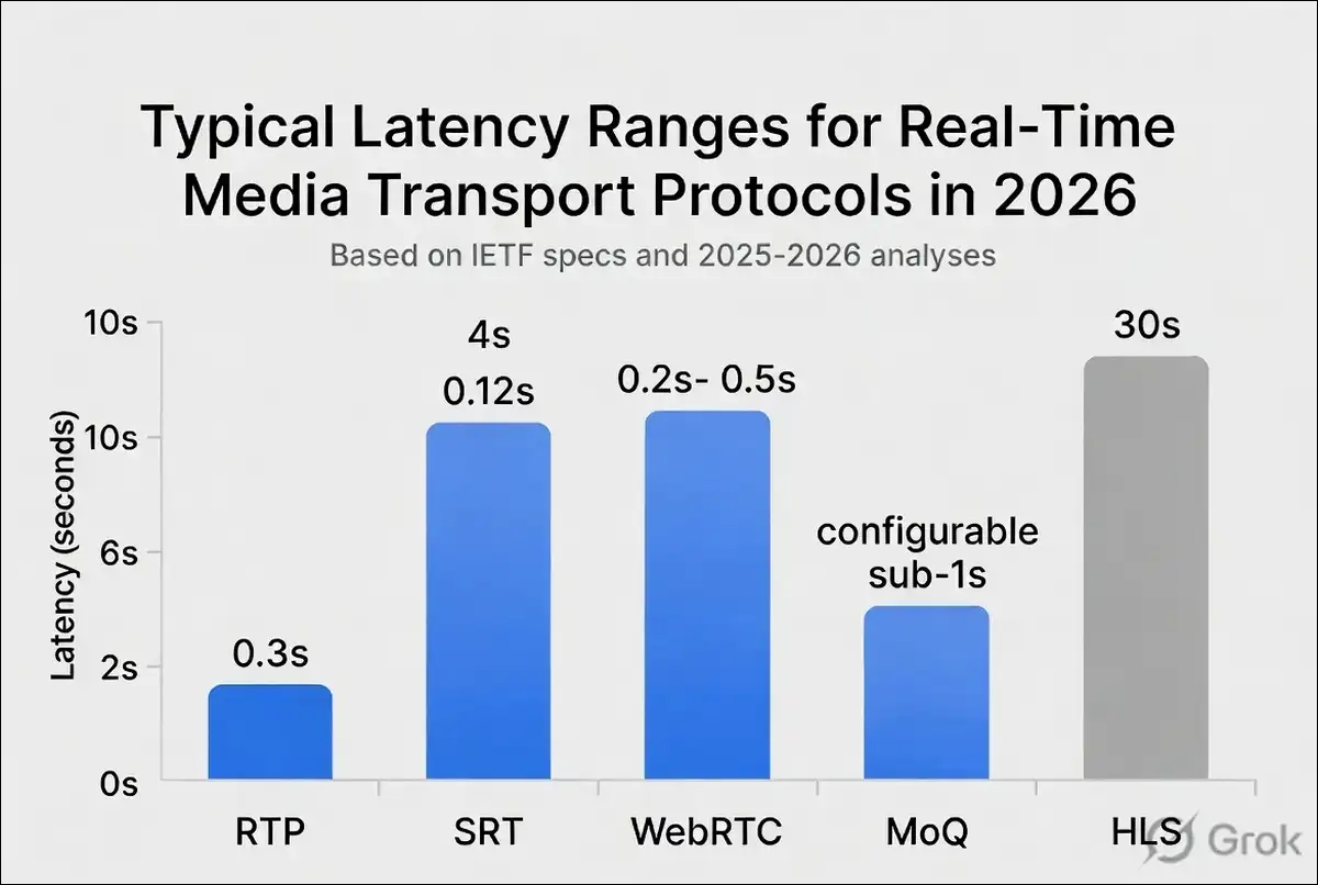 Bar chart comparing typical latency ranges for RTP, SRT, WebRTC, MoQ, and HLS protocols in 2026