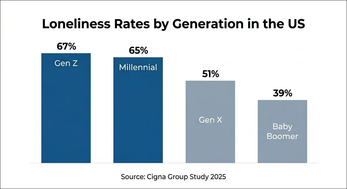 Bar chart showing Gen Z loneliness at 67% compared to Millennials at 65% and other generations