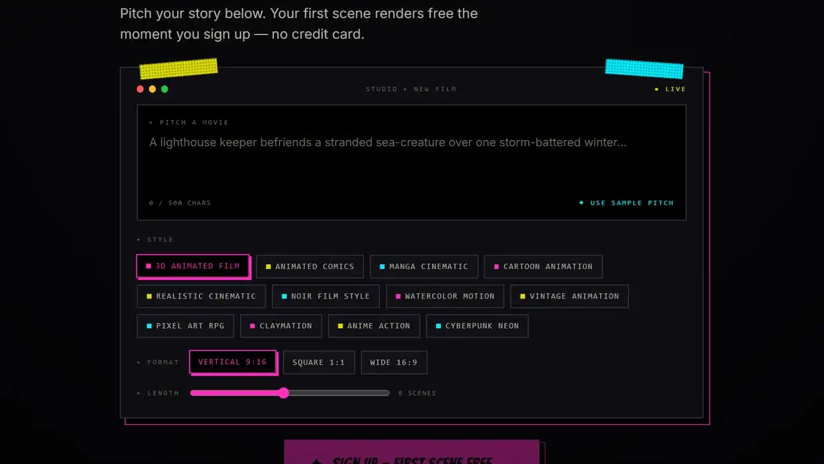 ComicInk.ai video editor interface showing multi-scene timeline, caption editing, and audio controls