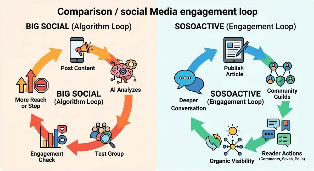 Comparison diagram showing the algorithm loop on TikTok against the engagement loop on Sosoactive