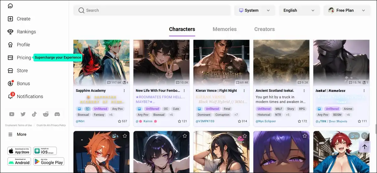 CrushOn AI community character library with anime, fantasy and romance character categories