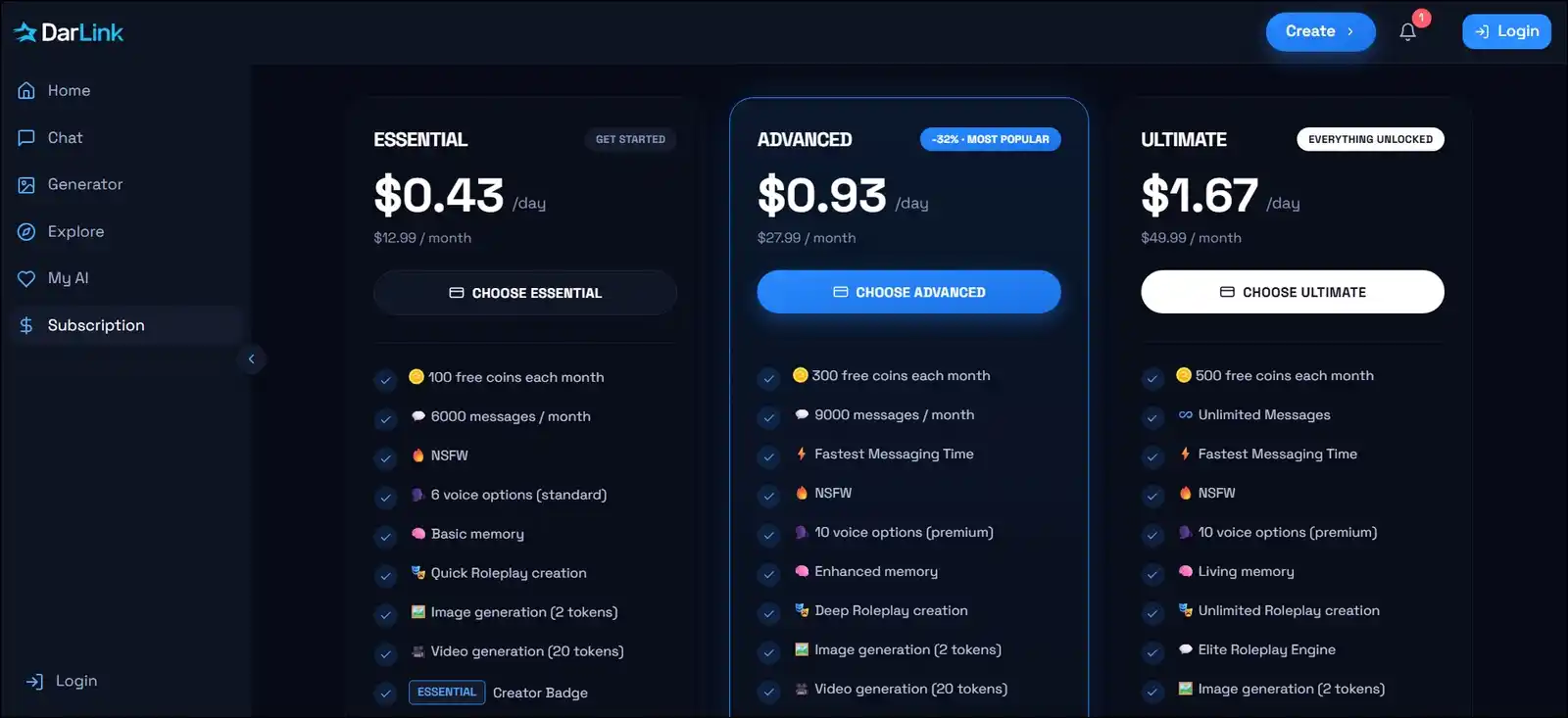 DarLink AI Essential Advanced and Ultimate monthly pricing for 2026