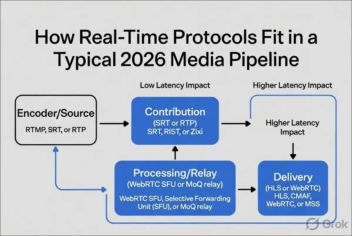 Diagram showing how real-time protocols fit in a typical 2026 media pipeline from encoder to delivery