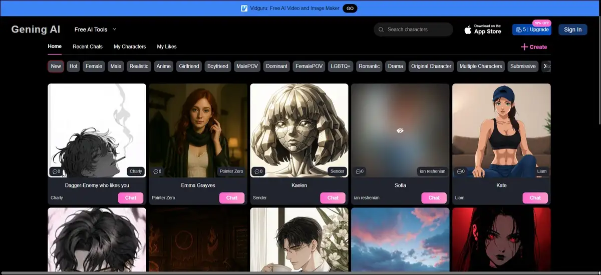 Gening AI character library with anime and roleplay categories