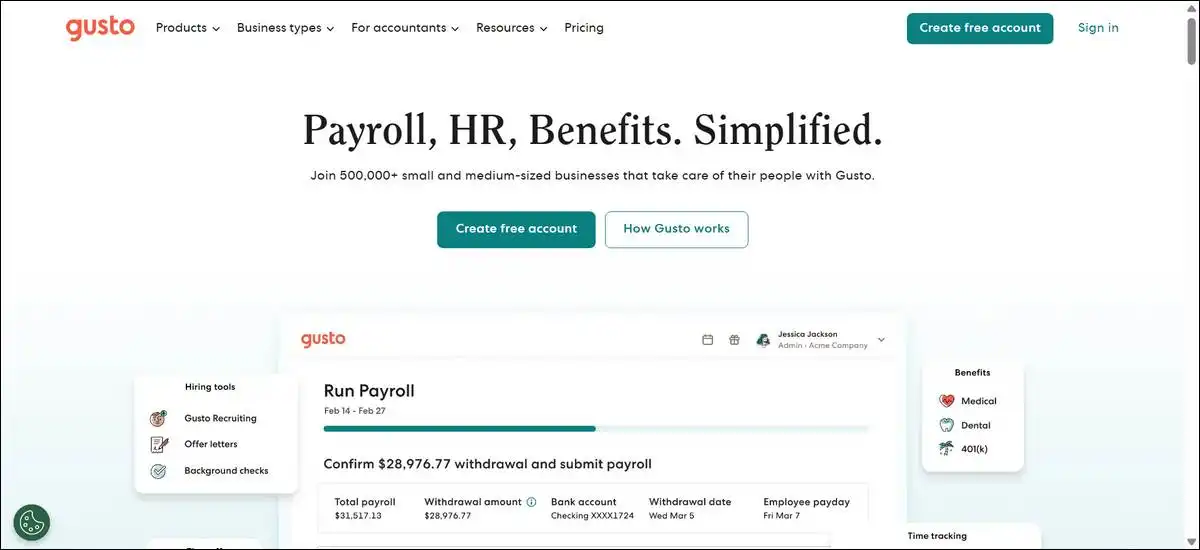 Gusto: Best for Small US Teams Requiring Automated Payroll Tax Filing