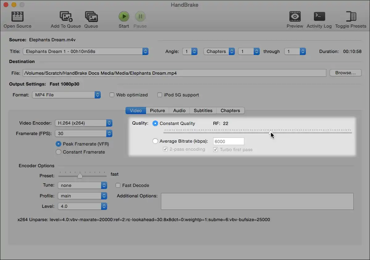 HandBrake constant quality RF setting for fixing pixelated video