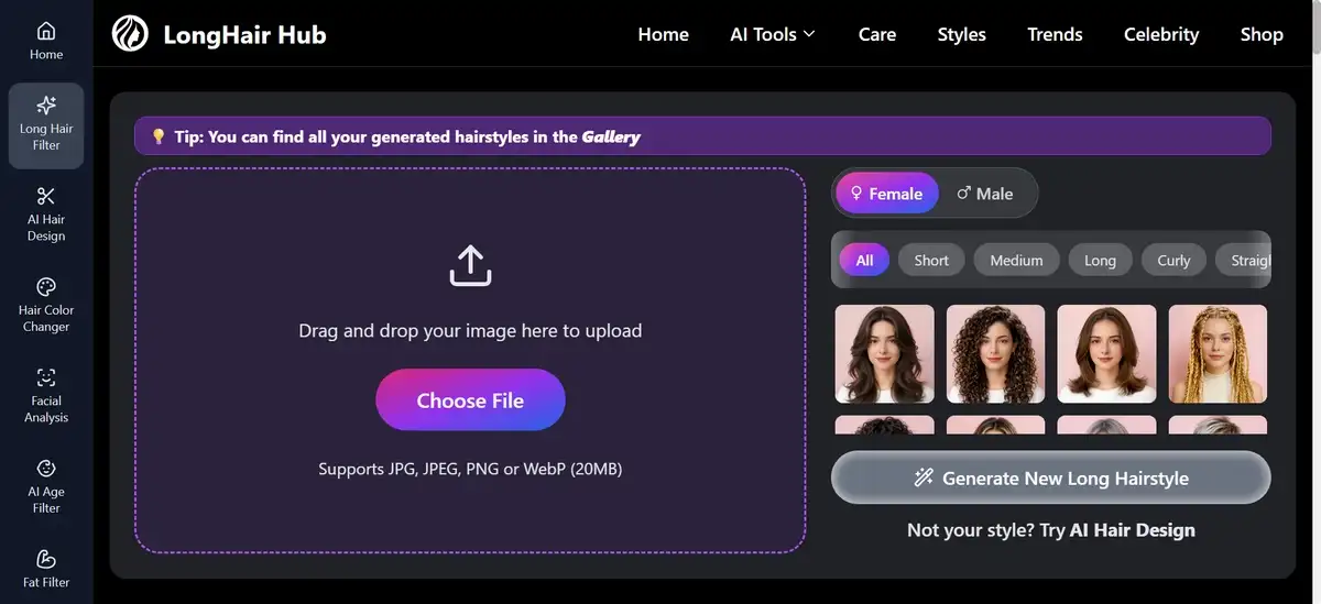 LongHair AI homepage showing drag-and-drop photo upload area and examples of long hair style previews for 2026 trends.