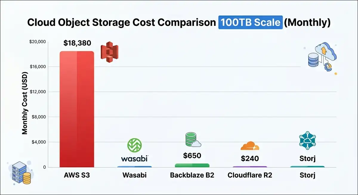 Object storage cost comparison: Backblaze B2, Wasabi, Cloudflare R2, AWS S3, and Storj pricing at scale