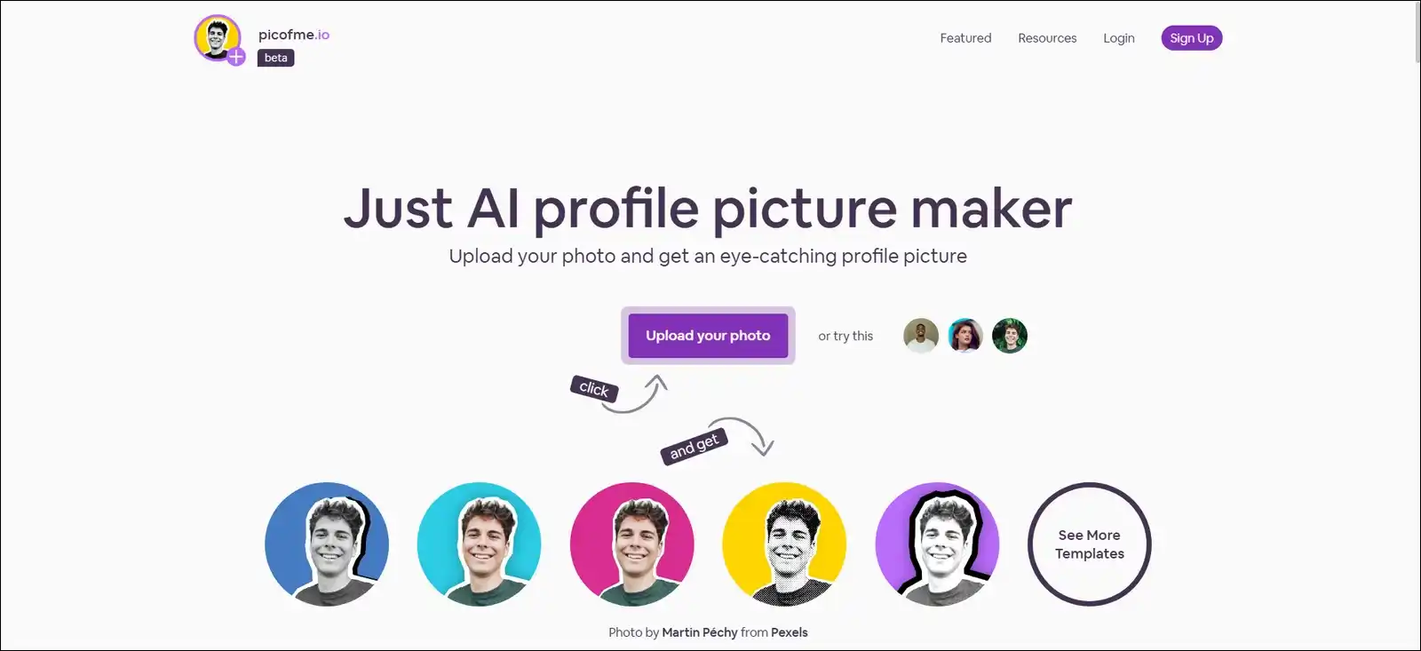 Picofme.io homepage showing the central upload box, four-step workflow icons for upload, background removal, style selection, and download, with annotation labels pointing out the upload area, no-signup design, and no-watermark promise.
