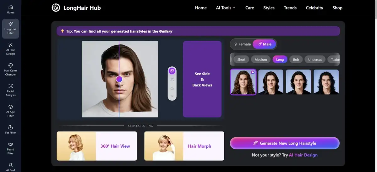 Screenshot of LongHair AI long hair filter results showing before and after transformation with natural blending on different face shapes.