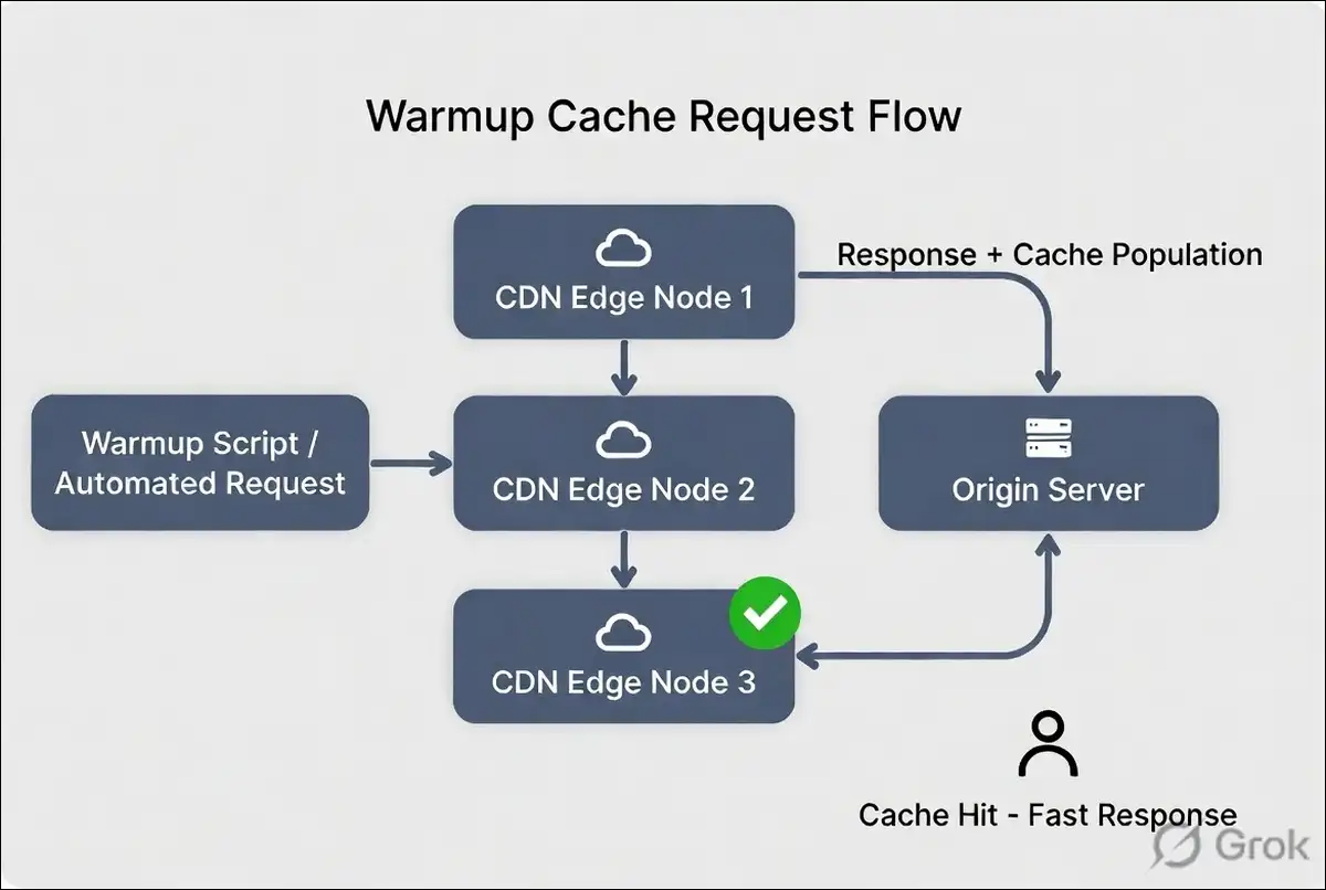 Simple flowchart showing a warmup cache request moving through CDN edges to the origin and back into cache before users visit.