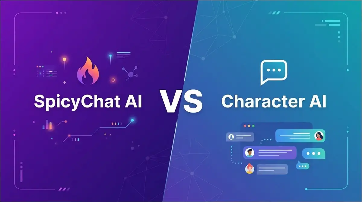SpicyChat AI vs Character AI split-screen comparison showing both platform brands side by side in 2026