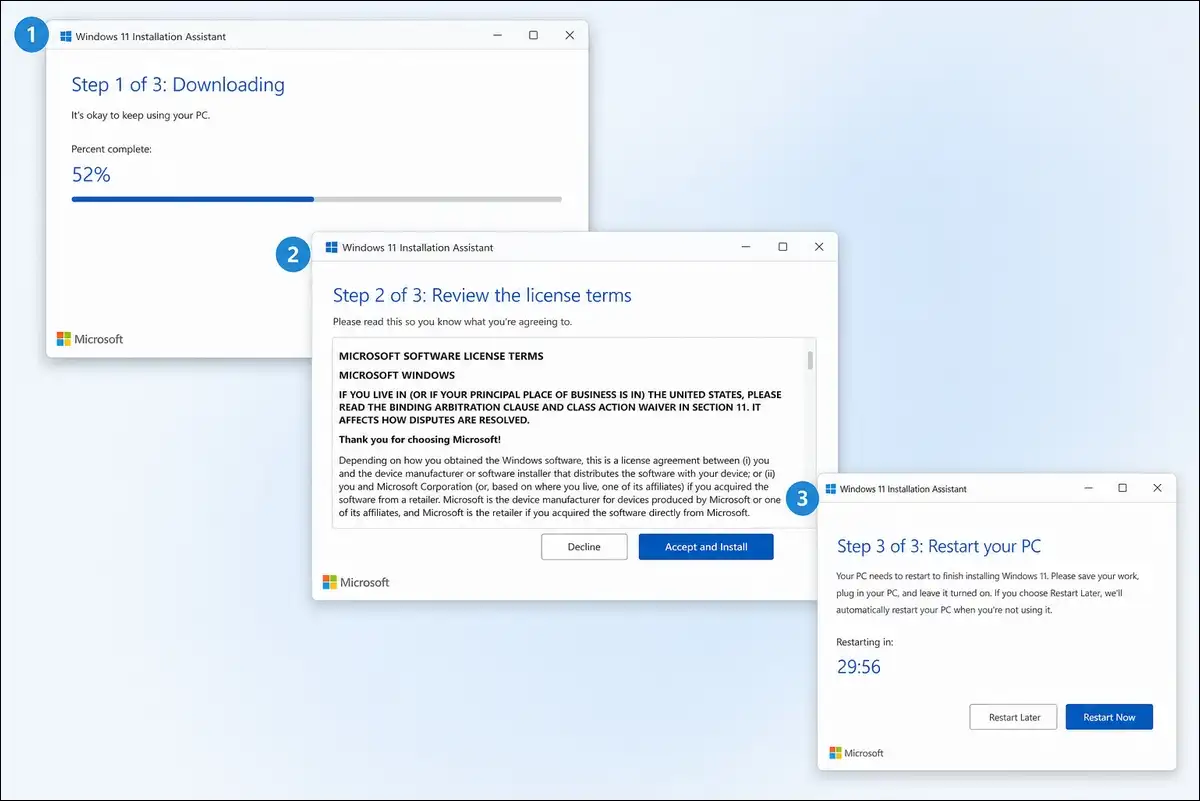 Step by step screenshots of Windows 11 Installation Assistant upgrade process