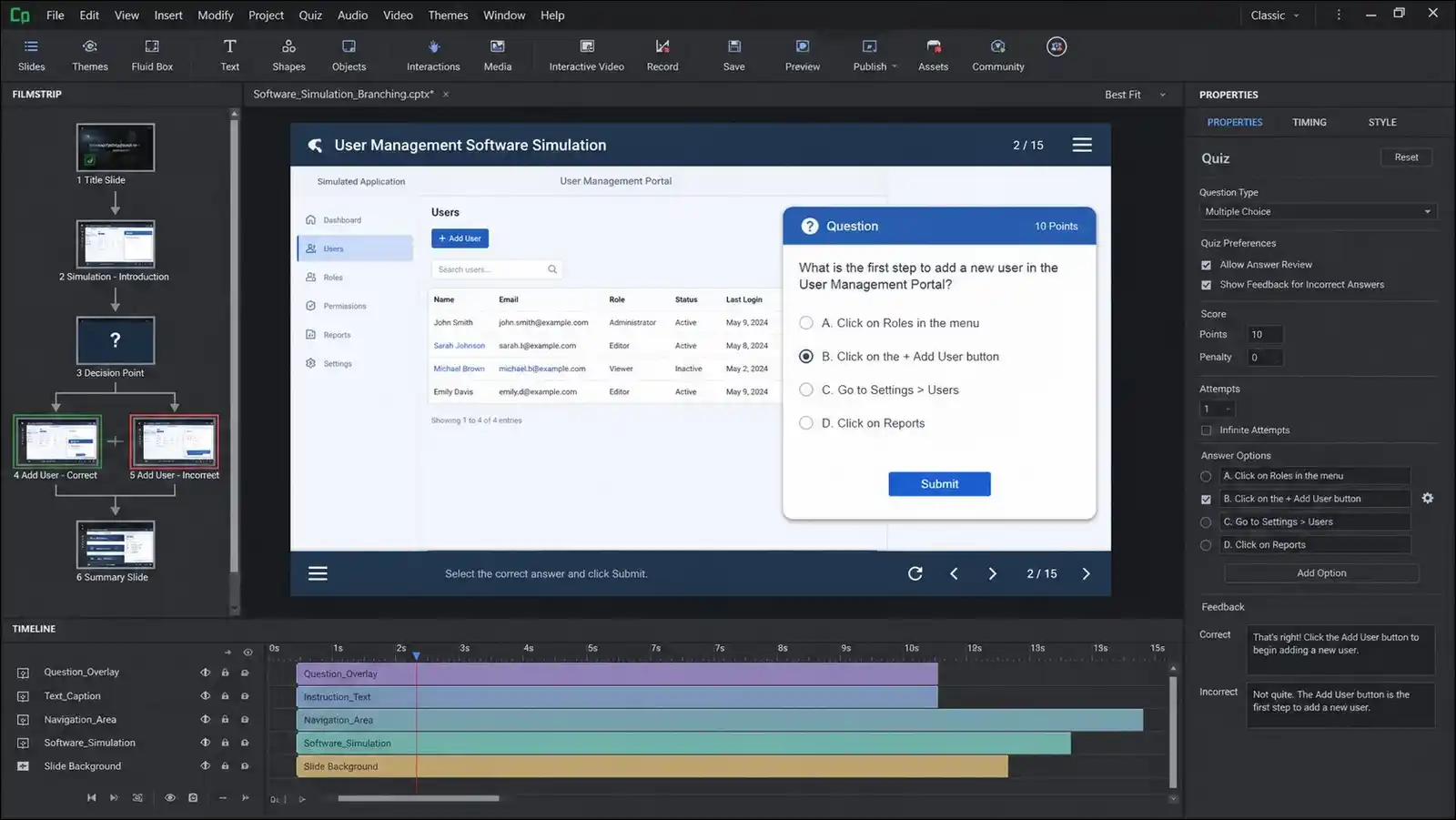Adobe Captivate interface showing interactive software simulation with branching scenario and quiz elements.