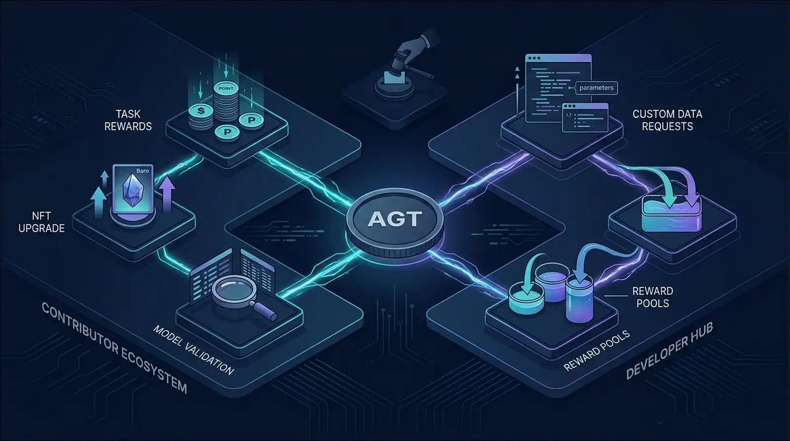 AGT roles across Alaya AI contributor rewards, developer requests, validation, and governance