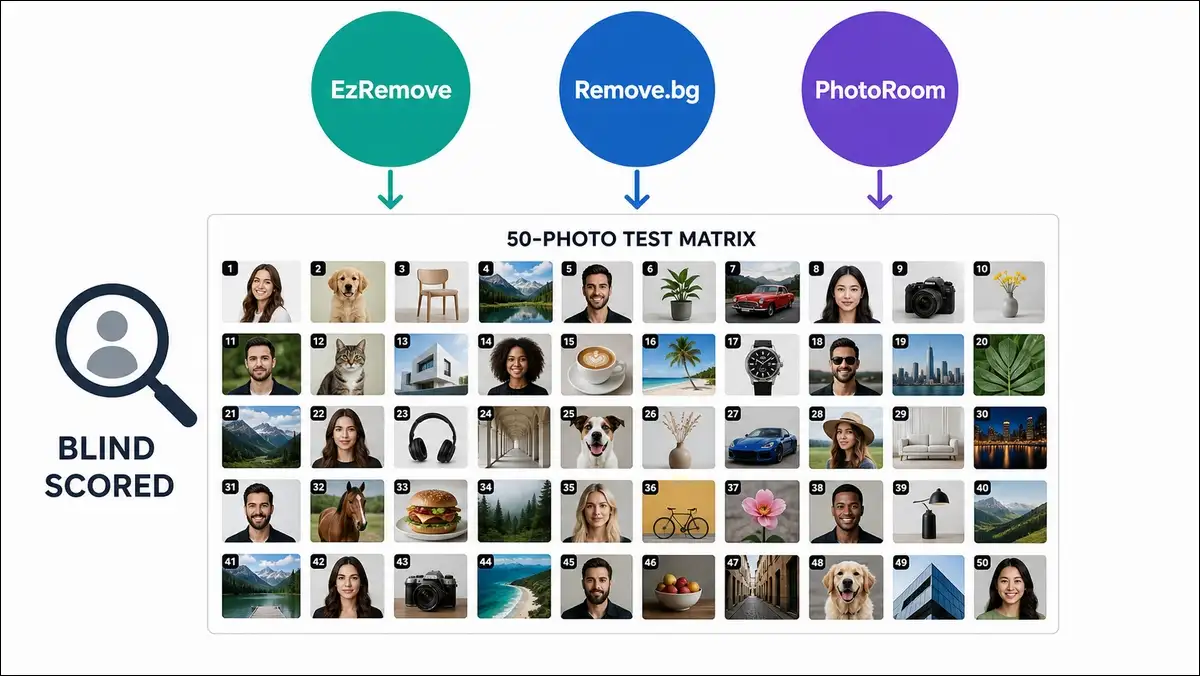 Test methodology: 50 photos through 3 AI background removers with blind scoring.