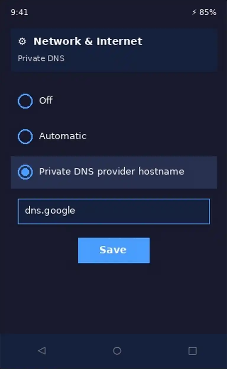 Android Private DNS settings set to Automatic