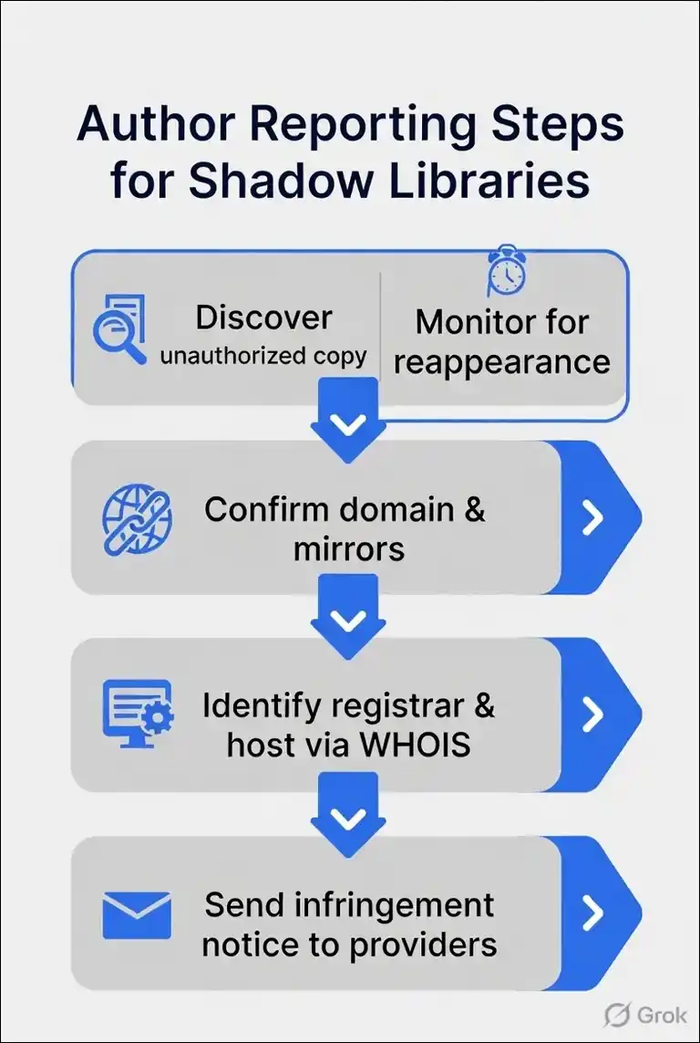 Step-by-step flowchart for authors reporting books on shadow libraries like Ocean of PDF