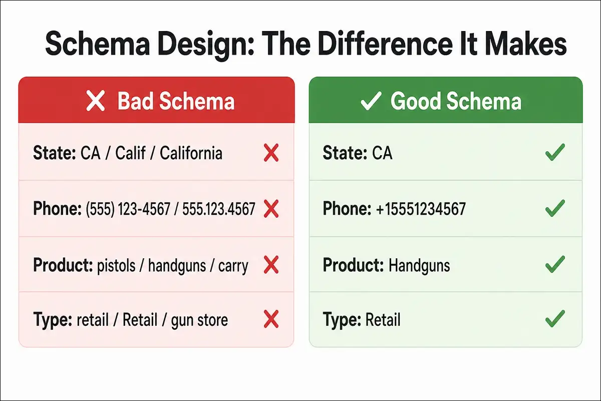 Side-by-side comparison of poorly designed data schema versus well-structured firearms website data schema showing inconsistent versus standardized data fields