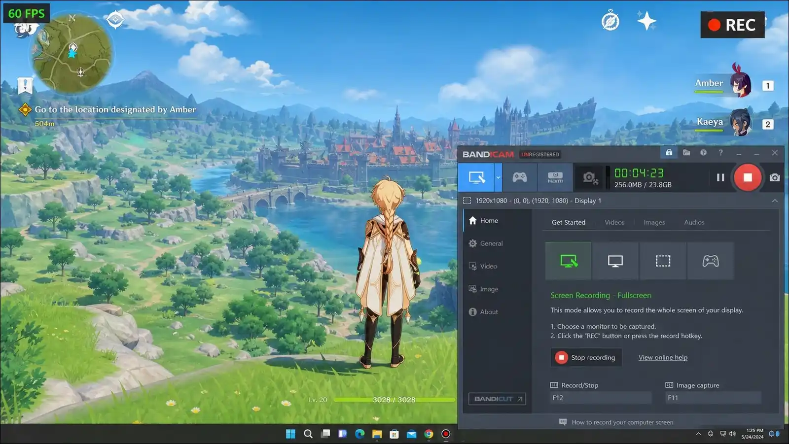 Bandicam recording gameplay on Windows with FPS counter and recording controls overlay visible.