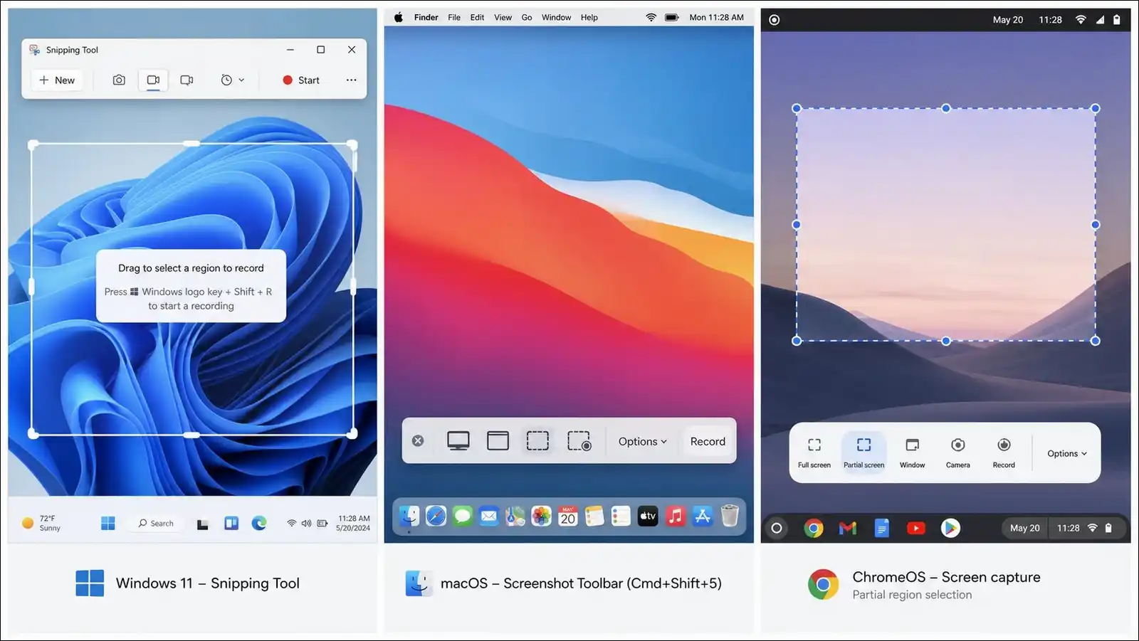 Built-in screen recording interfaces from Windows 11 Snipping Tool, macOS Screenshot Toolbar, and ChromeOS screen capture compared.