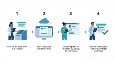 Centricity ShiftSelect open shift workflow diagram showing a manager posting a shift, a qualified nurse requesting it, and the manager awarding it.