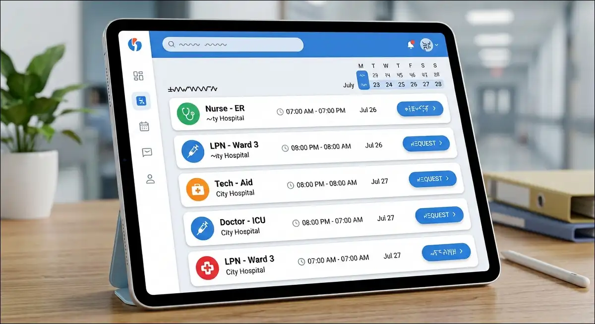 Centricity ShiftSelect All Qualified Shifts list view on a tablet, showing skill requirement badges, clock icons, and request buttons.