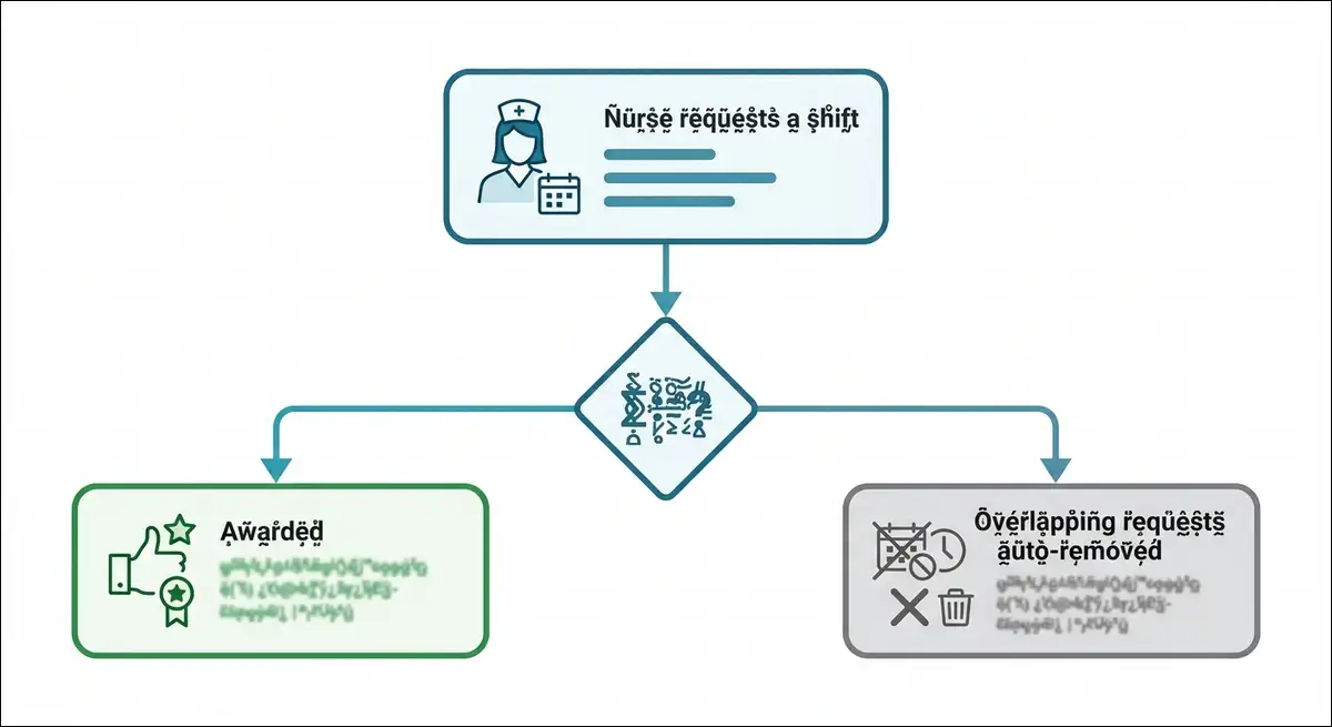 Flowchart showing how a nurse requests an open shift, the manager award decision, and how overlapping requests are auto-removed on award.