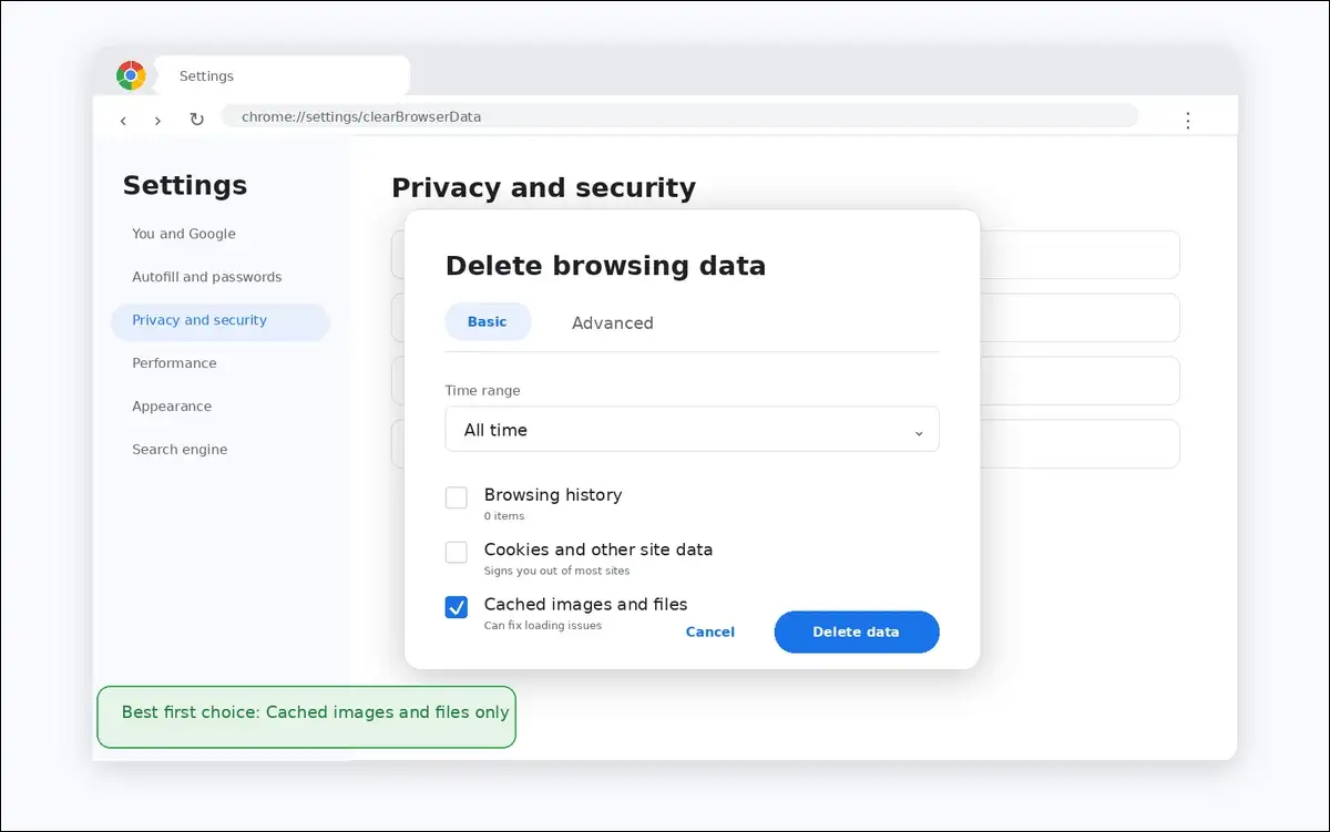 Chrome Delete browsing data dialog with cached images and files selected